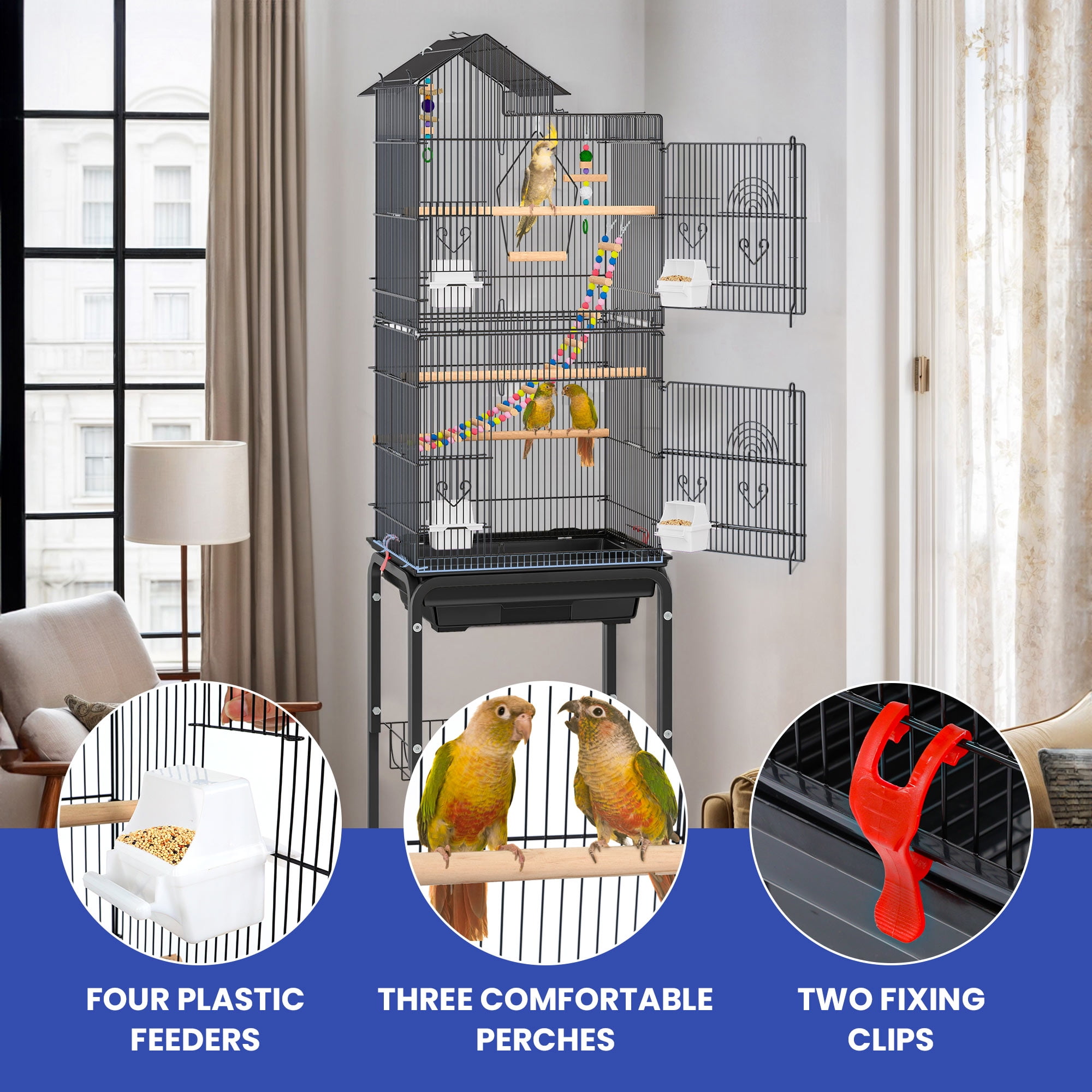 ModFusion 62" Metal Bird Cage Playtop Rolling Stand for Parakeet Lovebird Sun Conure Black
