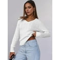 thumbnail image 5 of Women Long Sleeve Cable Knit Sweater Fall Fashion V Neck Fitted Pullover Business Casual Fall Outfits White S, 5 of 9