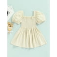 thumbnail image 4 of Liacowi Little Girls Puff Short Sleeve Dress Fashion Solid Color Square Collar Button A-line Dress, 4 of 8