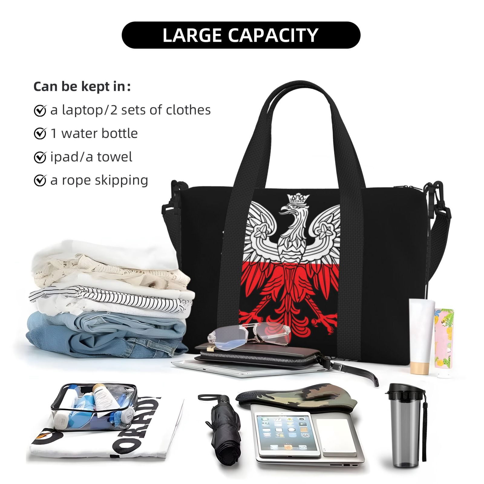 Travel Duffel Bag Polish Flag White Eagle Sports Tote Gym Bag Shoulder Weekender Overnight Bag For Women Men