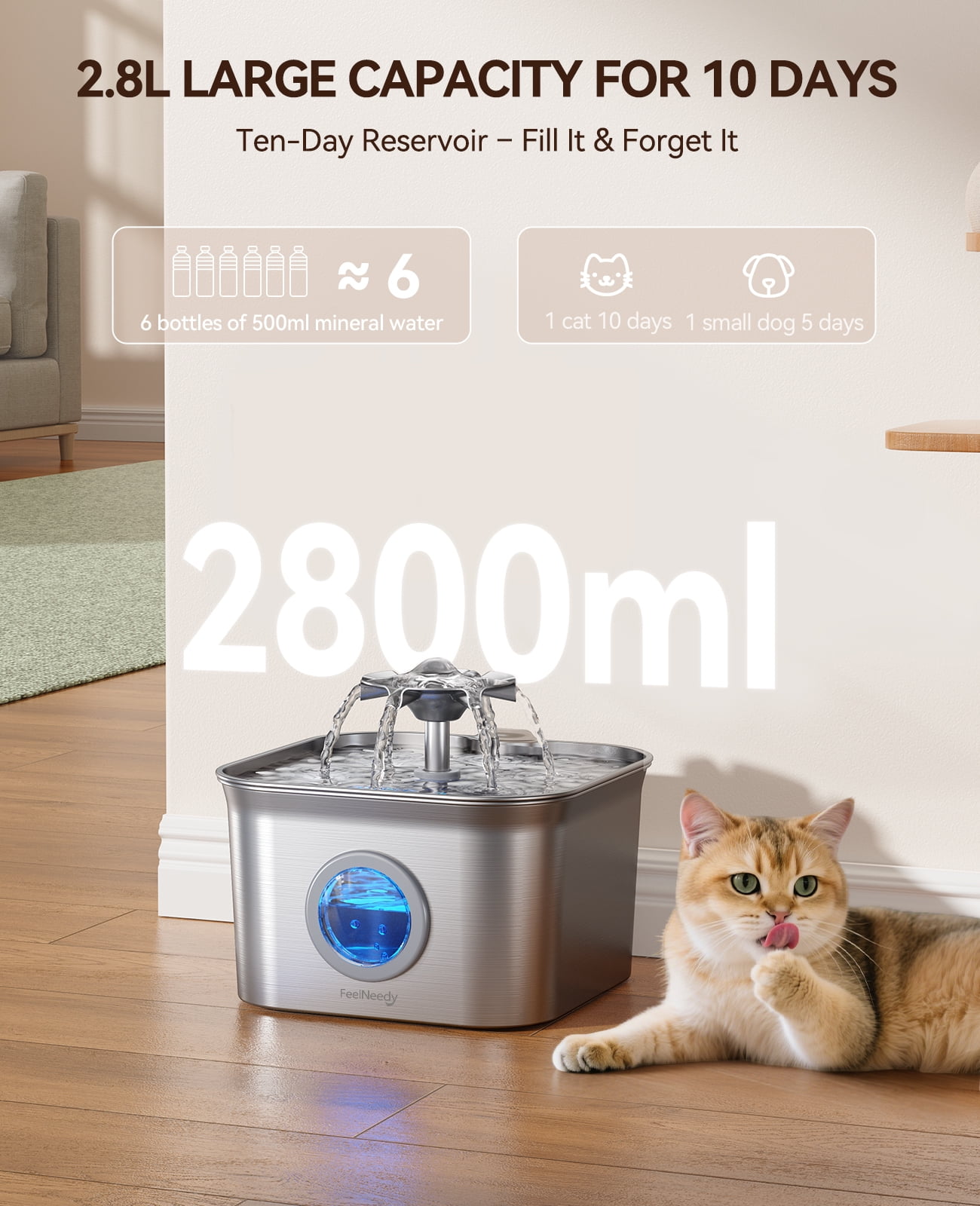 FeelNeedy Cat Water Fountain, 2.8L/95oz Stainless Steel Cat Fountain with 3 Filters, Ultra-quiet Automatic Pet Water Dispenser for Cats Indoor