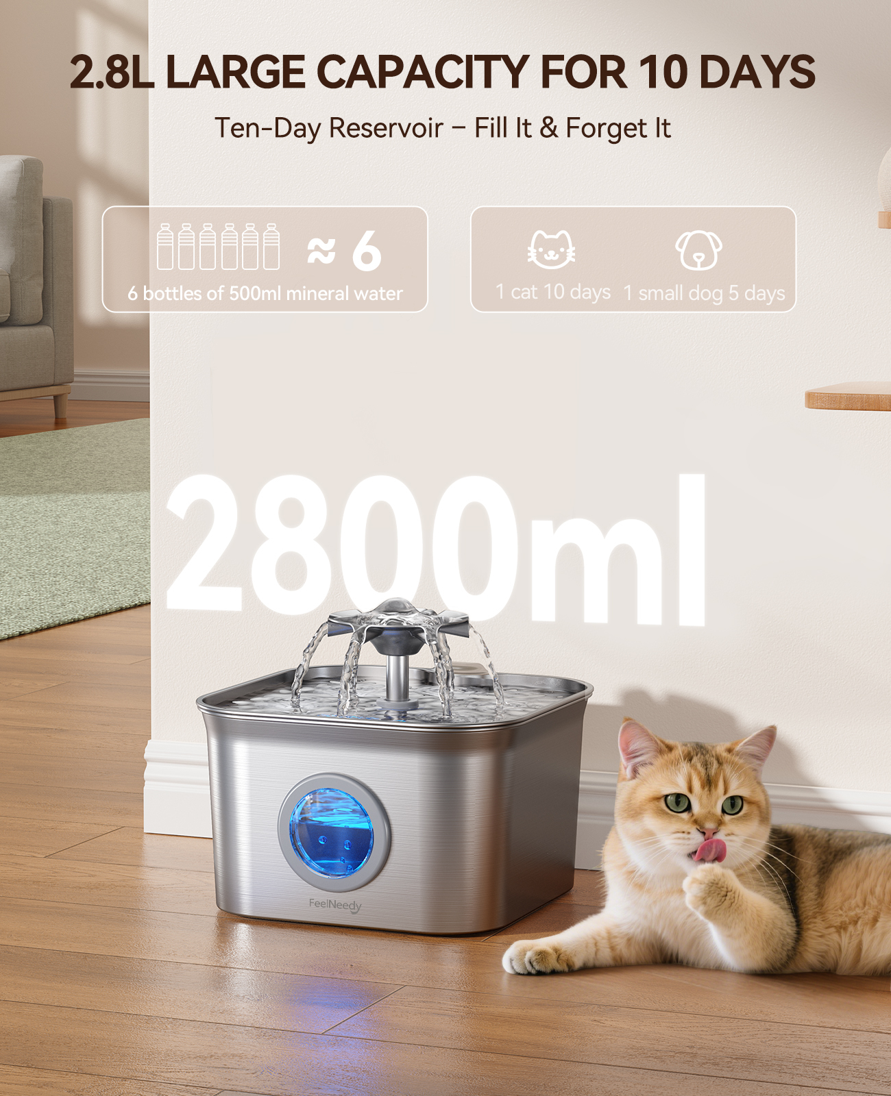 Feelneedy Cat Water Fountain, 2.8L Stainless Steel photo 4
