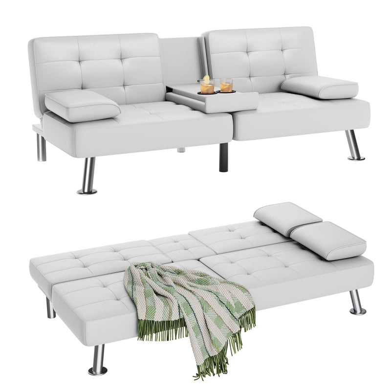 Vineego Modern Faux Leather Couch Convertible Folding Futon Sofa Bed with 2 Cup Holders,White