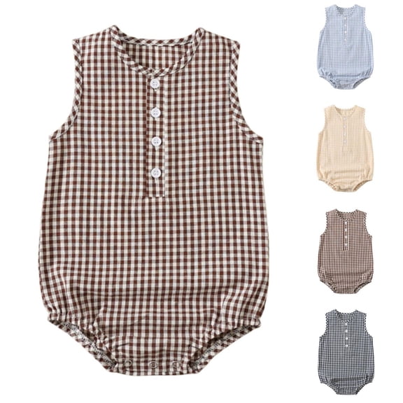 Summer Toddler One Piece Romper Button Crew Neck Sleeveless Plaid Jumpsuit Summer Lightweight Comfy Onesies (9M, Brown)