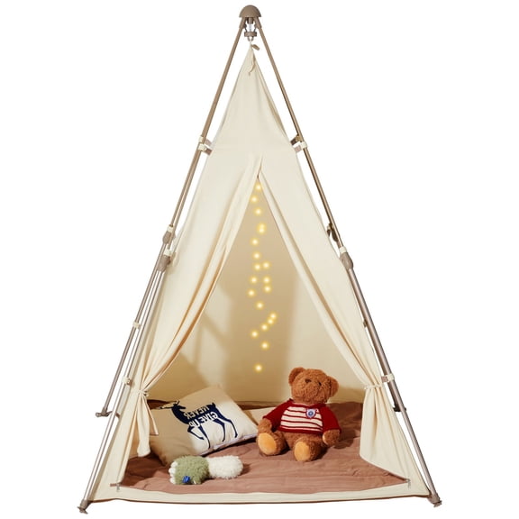 Foldable Teepee Tent with Mat&Bag, Indoor Outdoor Play Tent for Toddlers 1-5 Years, Portable Children's Tent for Boys&Girls, Beige