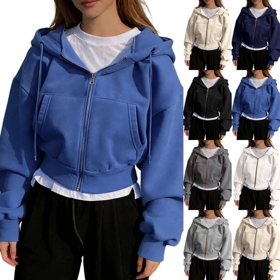 Zip up Hoodie Women Oversized Cropped Plain Sweatshirt Full Zip Drawstring Hooded Slouchy Jacket with Pocket Royal Blue L
