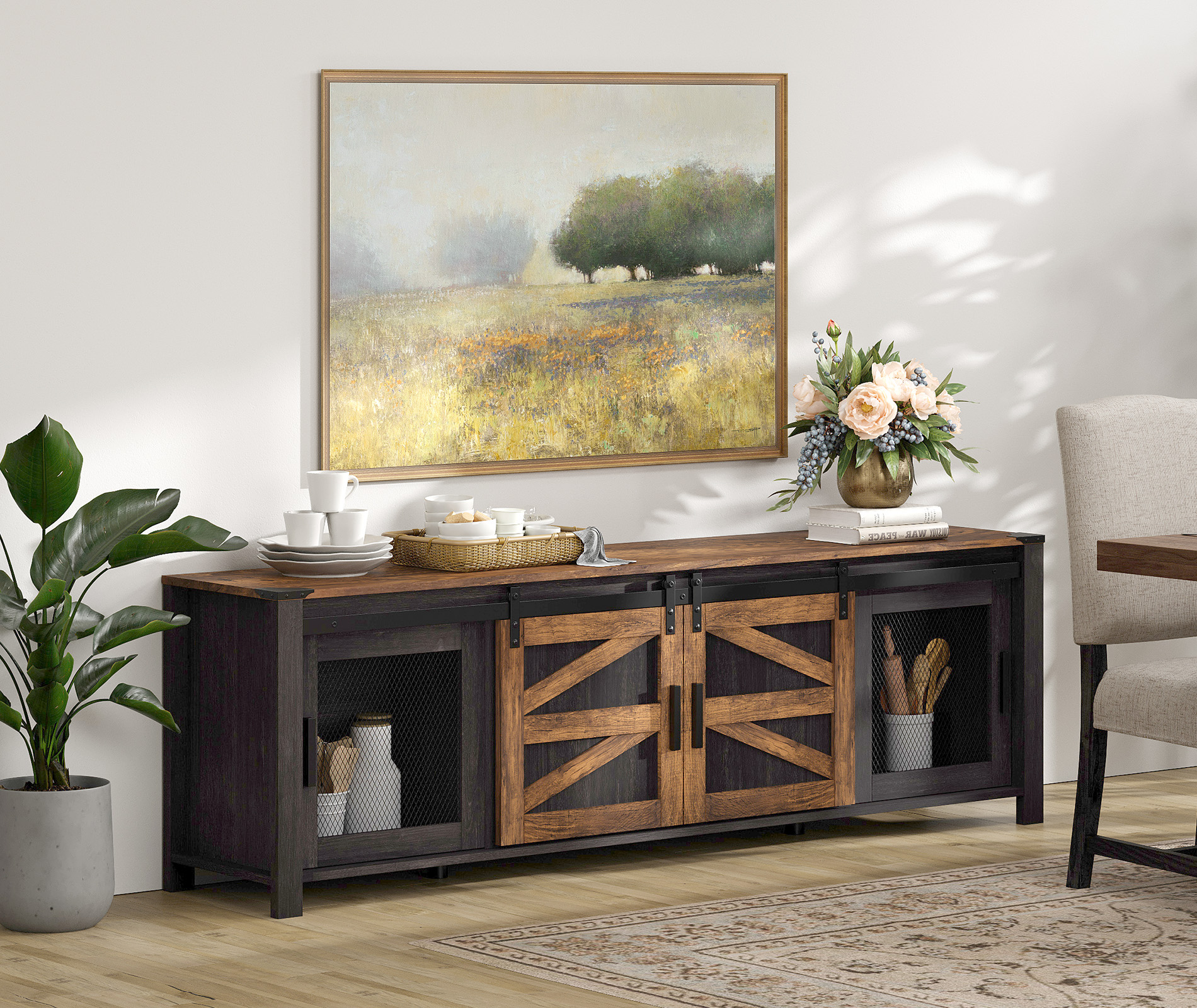 Wampat Farmhouse TV Stand, Antique Black & Brown, Wood & Metal, Sliding Barn Doors, 75 Inch