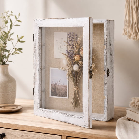 Shadow Box Display Cabinet with Acrylic Door, 3 Removable Shelves, White