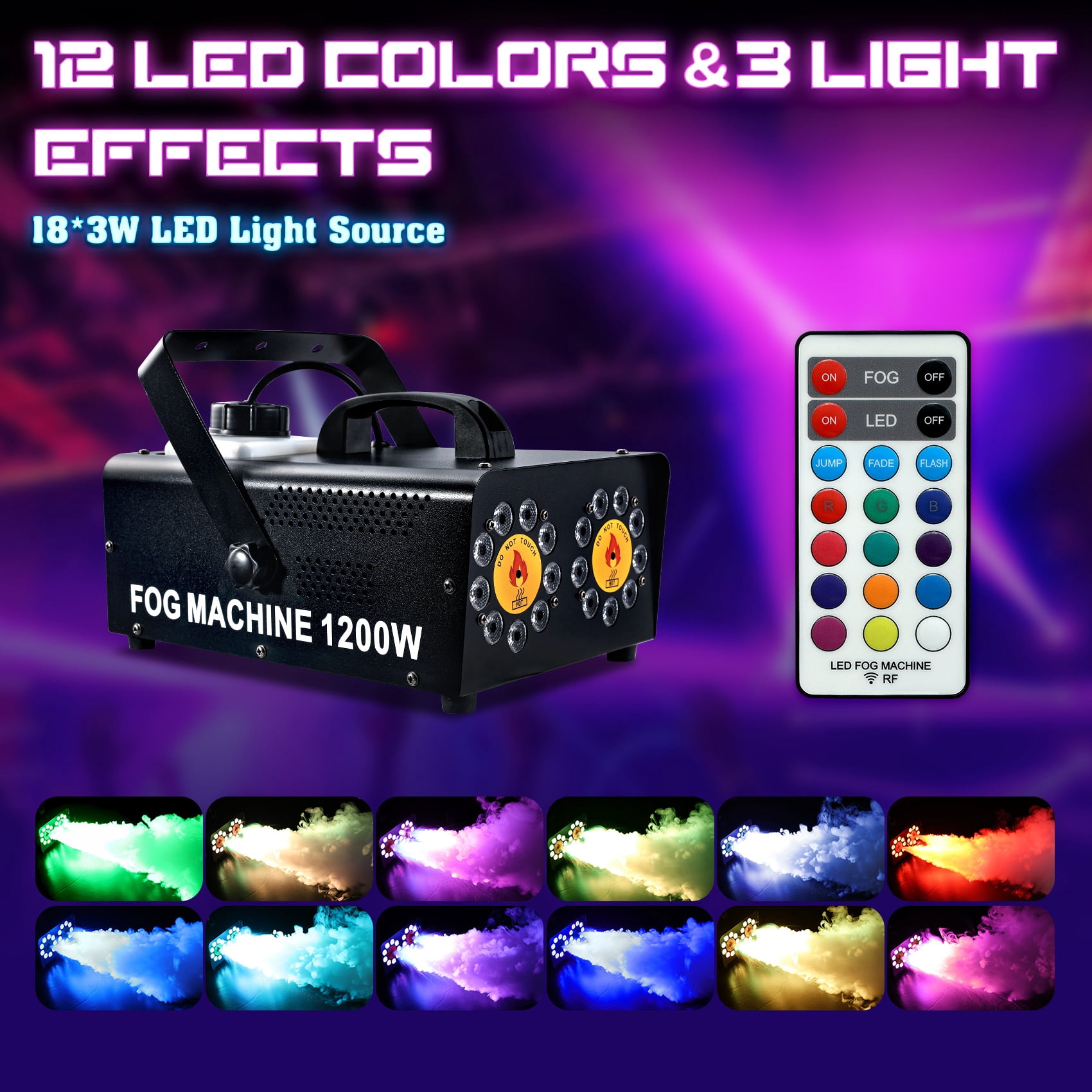 TCFUNDY 1200W Dual Nozzle Fog Machine, Horizontal Spray Fogger w/ 18 RGB 3-1in-1 LED, Dual Spray Smoke Machine w/Remote Control, ideal for Halloween, Event, Parties and Stage Effect, Black