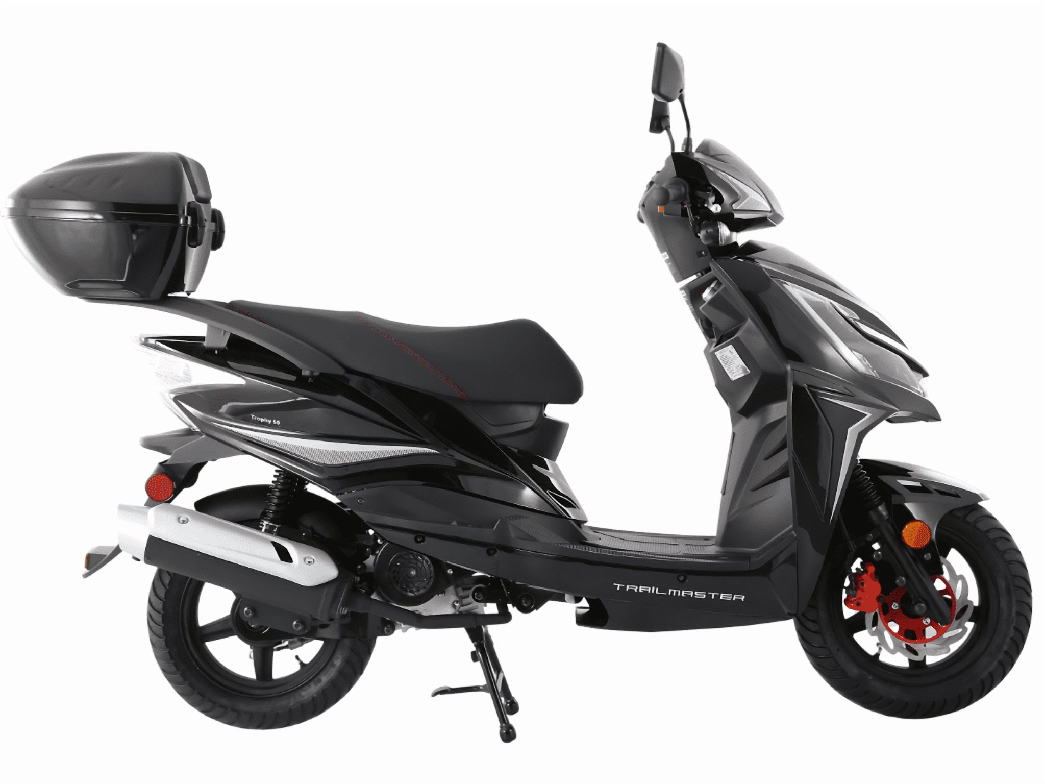 Trailmaster Trophy 50cc Scooter/Moped, Automatic CVT, Electric & Kick Start, 12-inch Aluminum Rims, Optional Color-Matched Locking Trunk (Black)