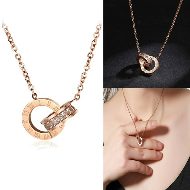 Women Fashion Necklace Two Interlocking Circles Engraved Stainless Steel Pendant Necklace