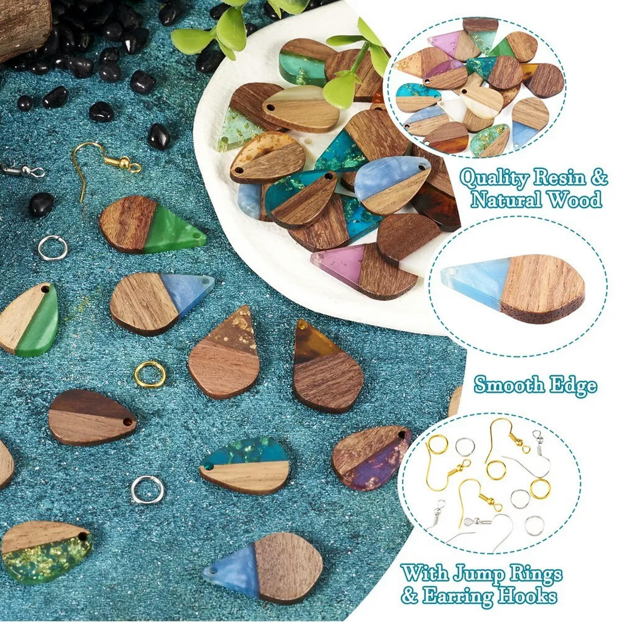 U8MO 16Pairs Resin Walnut Wood Pendants Hooks DIY Teardrop Dangle Earring Making Kits
