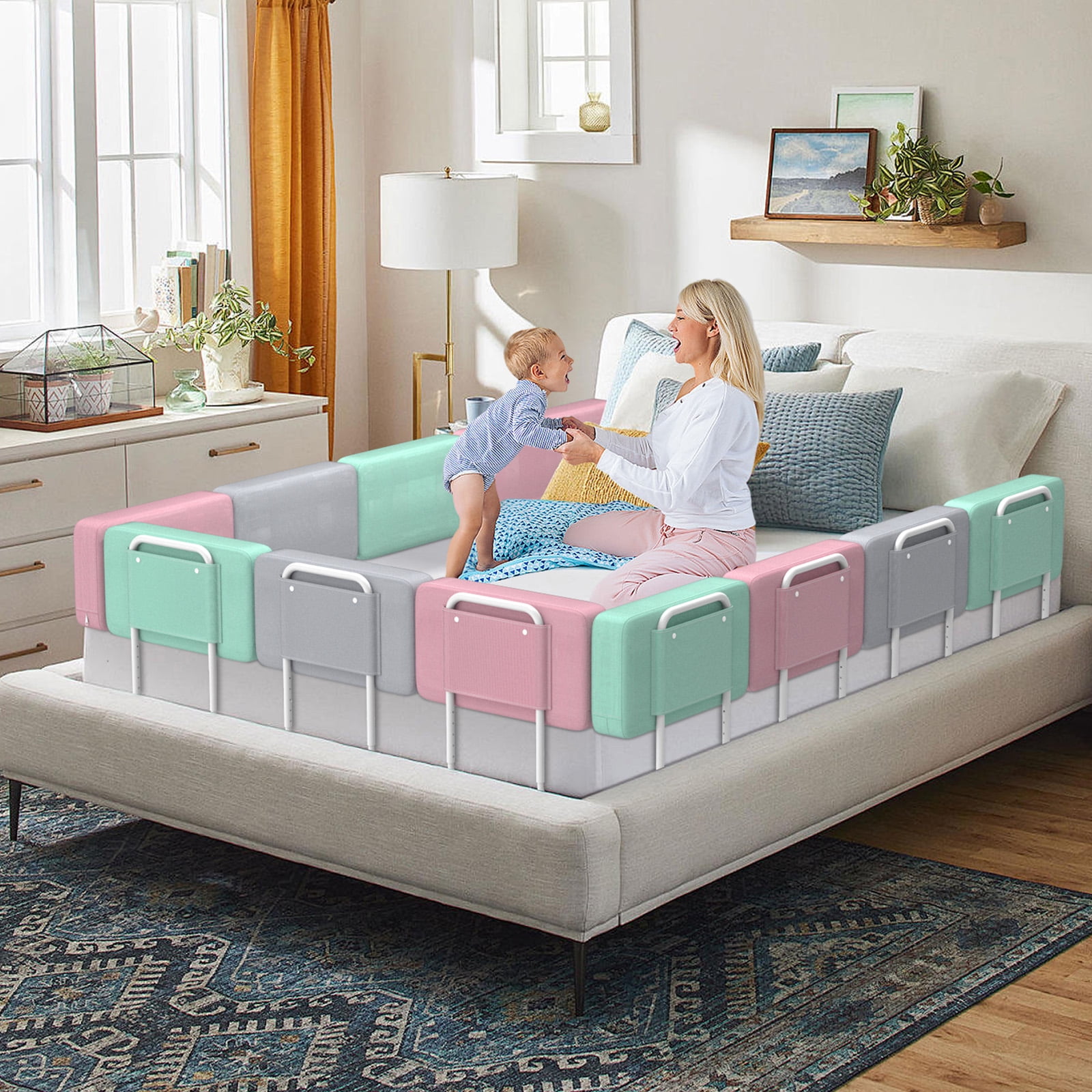 Kidsbuddy 23.6" Toddler Bed Rails Guard Foldable Portable Kids Bed Rail 5 Hole Height Adjustable Bed Rails for Toddlers, 2PC, Pink