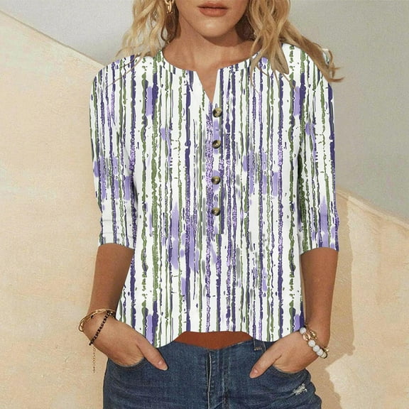 Tops for Women Plus Size 3/4 Sleeve Casual Button V Neck Three Quarter Sleeve T-shirt Loose Shirt Blue XXL