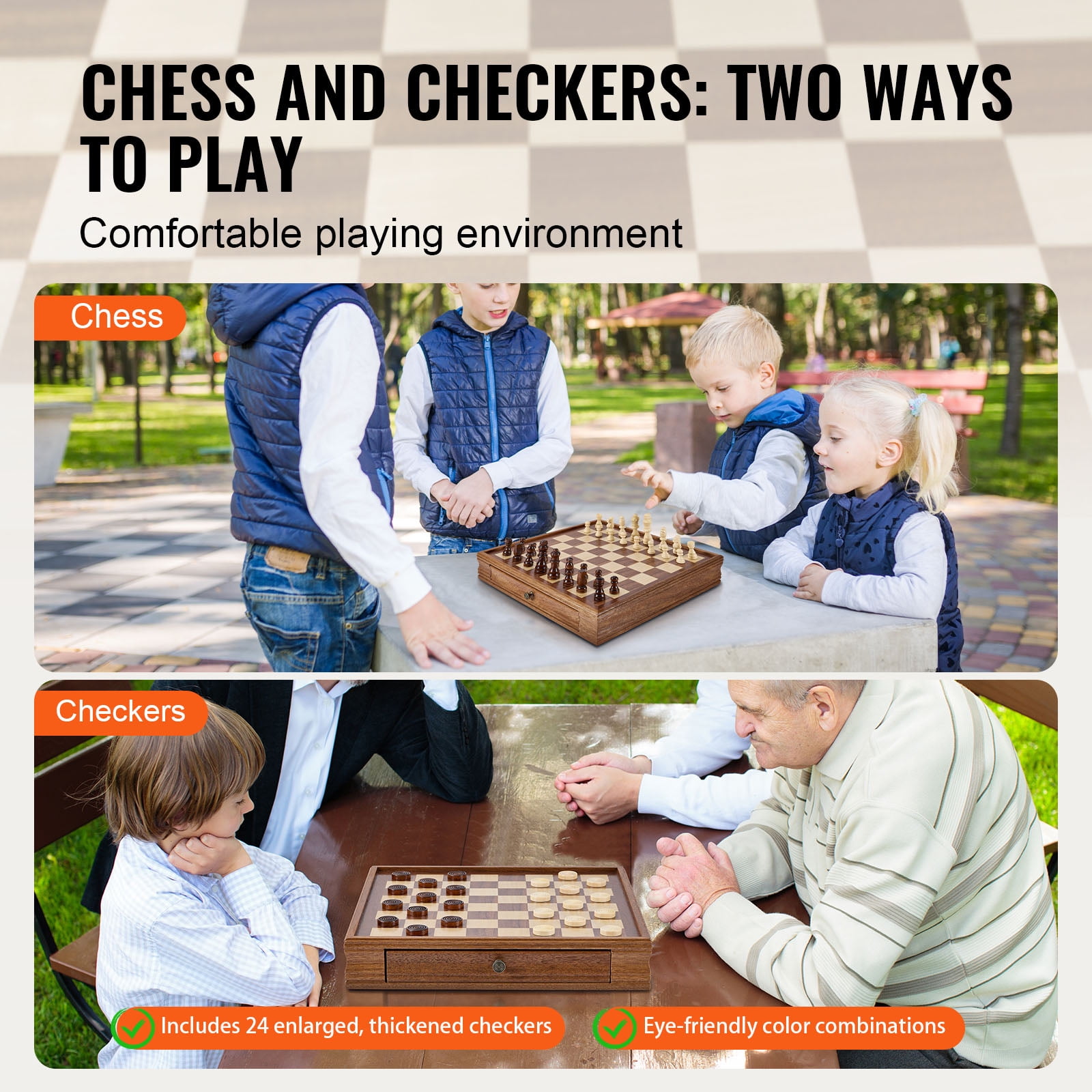KFFKFF Chess Set Crafted from Solid Wood, 15 inch Dual-Function Chess and Checkers Game Set, Comes with Storage Drawer, Weighted Chess and Checkers Pieces, and Extra Queens