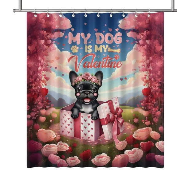 My Dog Is My Valentine Cute French Bulldog in Gift Box Shower Curtain Dog Lover Gifts Waterproof Bathroom Bathtub Curtain - 3006