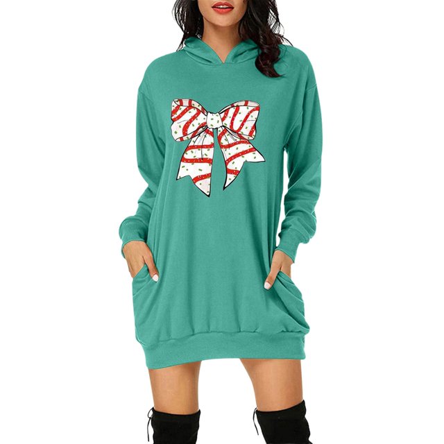 TJAZFJPA Robes d'Invité de Mariage pour Femmes Mode Automne et Hiver Décontractée Imprimé de Noël Sweat à Capuche à Manches Longues avec Poche Robe Pull Crochet