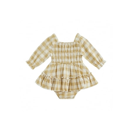 

Baby Girl Romper Long Sleeve Square Neck Ruffle Plaid Print Loose Button Romper A-Lined Dress