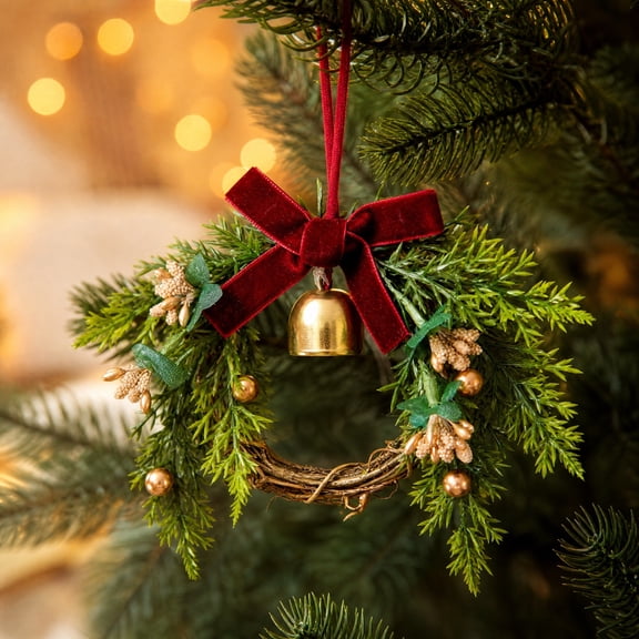 PiGOGI Christmas Decorations Artificial Needle Wreath with Bow and Bell for Holiday Home Decor