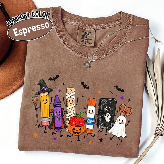 Yoofine Halloween Teacher Cute School Supplies Ghost Garment-Dyed Tee