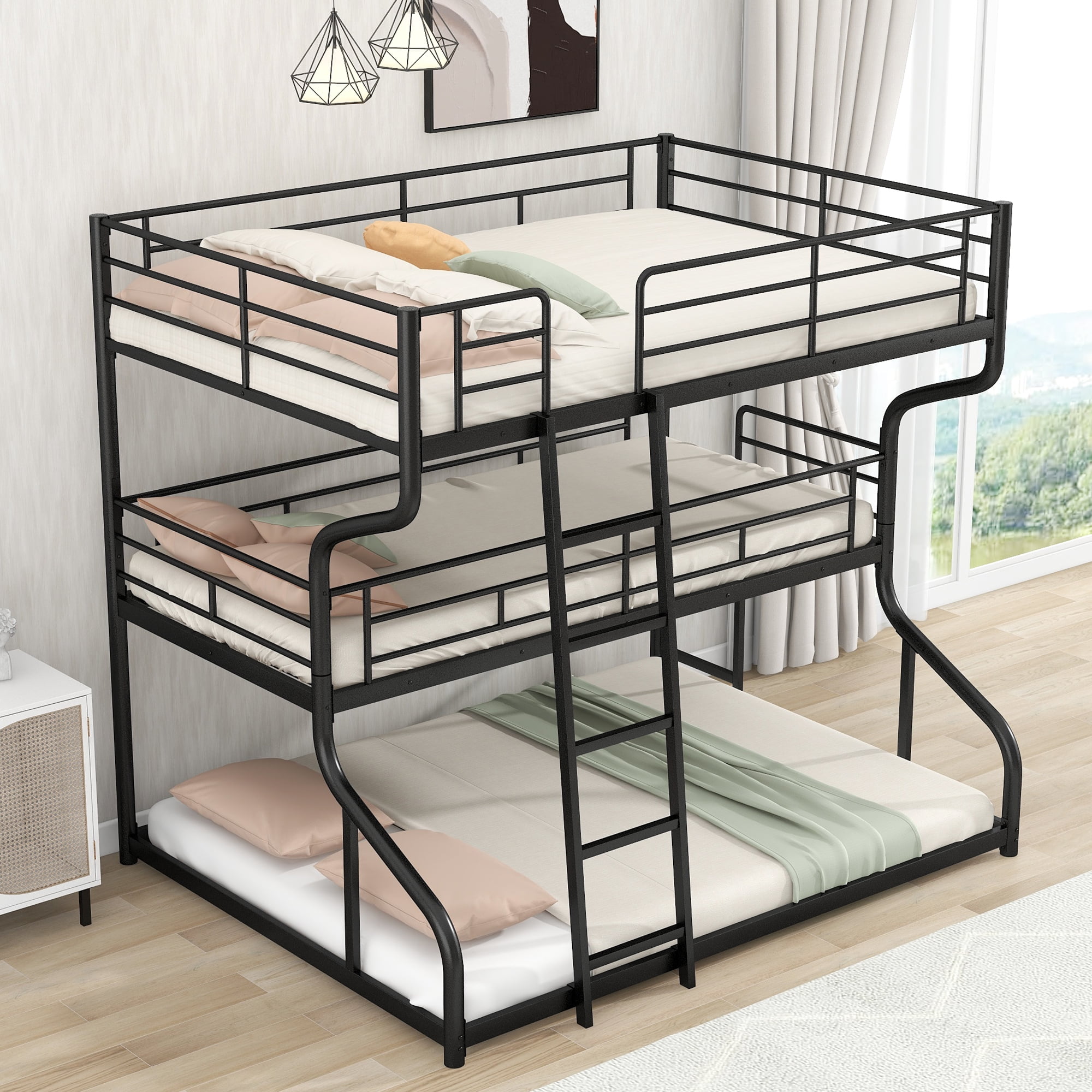 Full XL over Twin XL over Queen Size Triple Bunk Bed,Heavy Duty Metal Triple Bed for Kids,Black