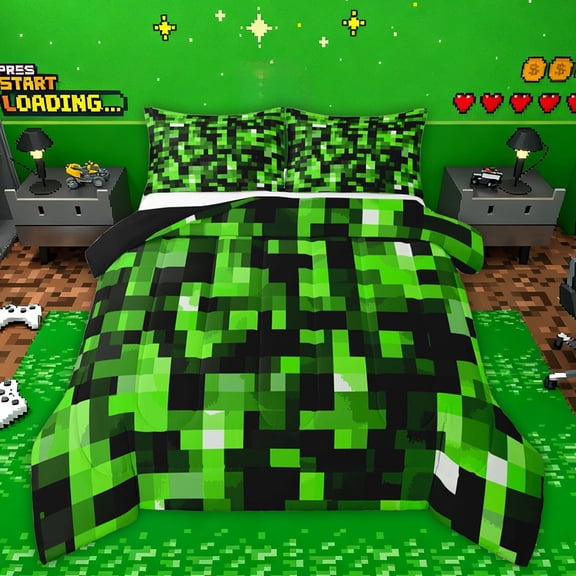 Manfei Pixel Grid Miners Bedding Comforter Set,Geometric Check Twin Comforter Sets,Green Patchwork Pixel Buffalo Bedding Set For Girls Boys,Breathable Home Decor Reversible,2 Pieces