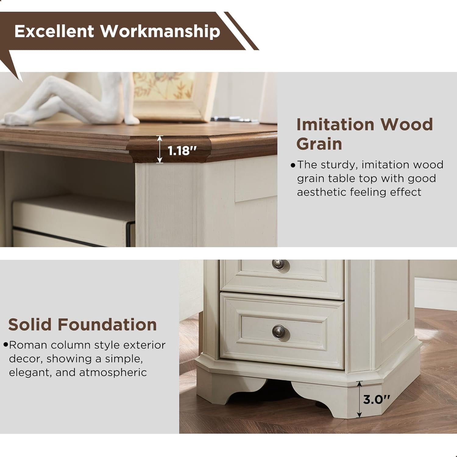 OKD 2-Drawer Nightstand with Charging Station, Farmhouse End Table with USB Ports for Living Room or Guest Room, Antique White