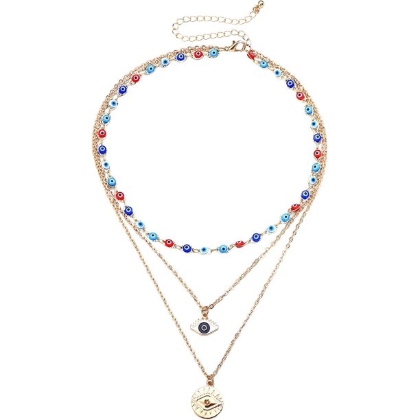 Y2k Layered Necklace Colorful Beaded Necklace for Women Trendy Evil Eye