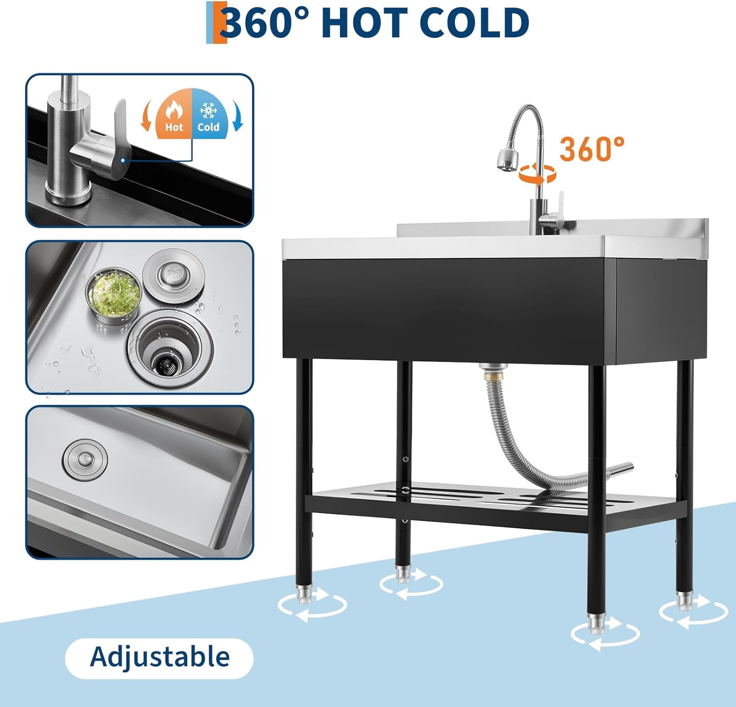 Acekid 36 x 20 x 35.5 Inch Utility Sink - Freestanding Commercial Stainless Steel Sink, Adjustable Leg with Hot/Cold Faucet, Hoses & Drain Kit, for Kitchen/Garage/Bathroom/Outdoor, Black