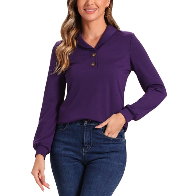 INSPIRE CHIC Blusa Casual Sólida de Manga Larga con Cuello en V y 2 Botones XL Púrpura Oscuro
