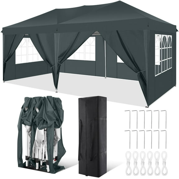 SANOPY 10' x 20' EZ Pop Up Canopy Tent Party Tent Outdoor Event Instant Tent Gazebo with 6 Removable Sidewalls and Carry Bag, Dark Gray