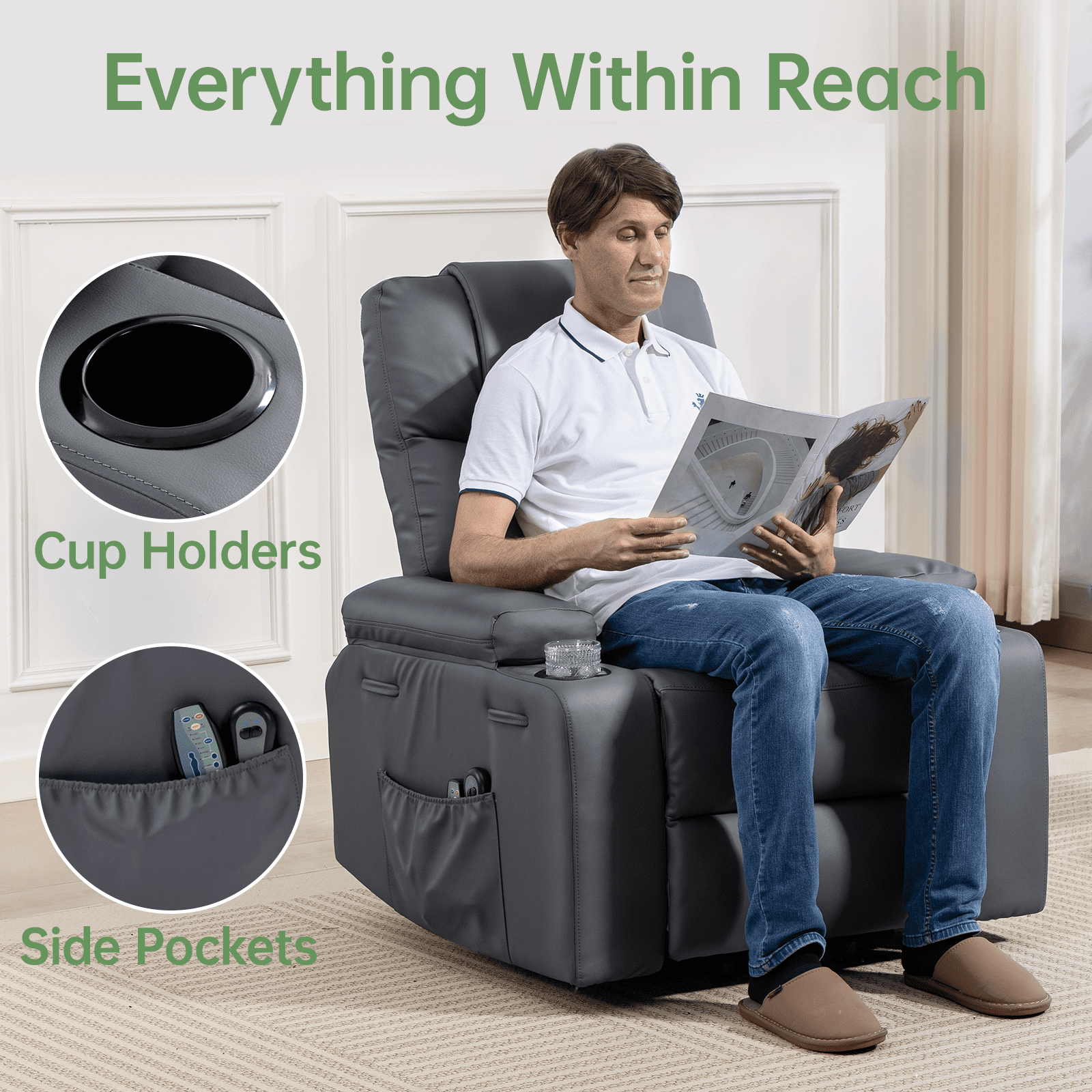 Power Lift Recliner Chair for Elderly with Heat & Massage, 160° Electric Adjustable PU Leather Recliner Sofa with Remote Control, Stand Assist, Cup Holder & Side Pockets for Living Room (Grey)