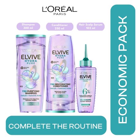 Loreal Paris Elseve (Elvive) Hydra [Hyaluronic] Pure Salicylic Acid 3 Economic Pack Shampoo,Conditioner and Hair Scalp Serum