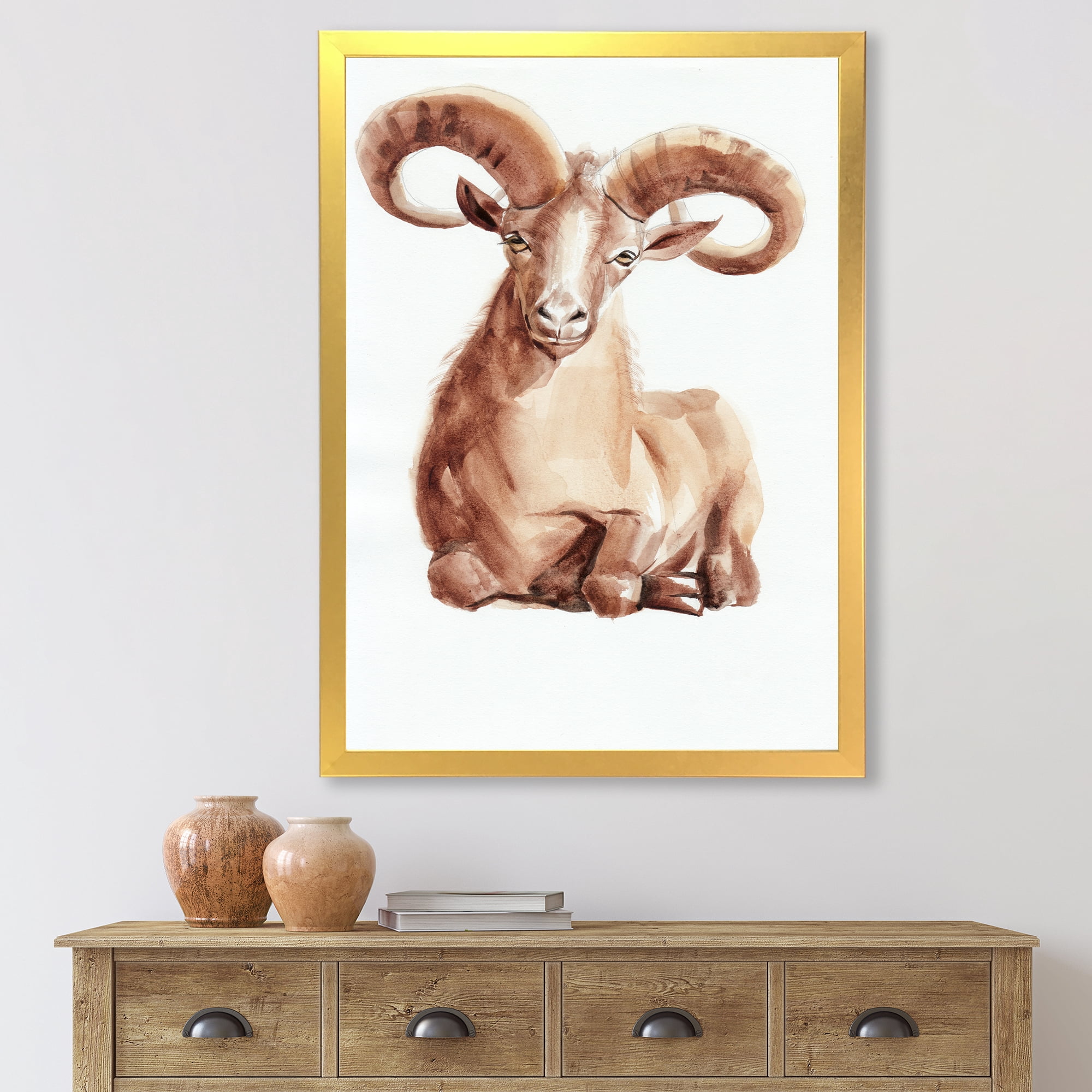 Designart 'Abstract Portrait of Wild Ram With Mighty Horns II' Farmhouse Framed Art Print