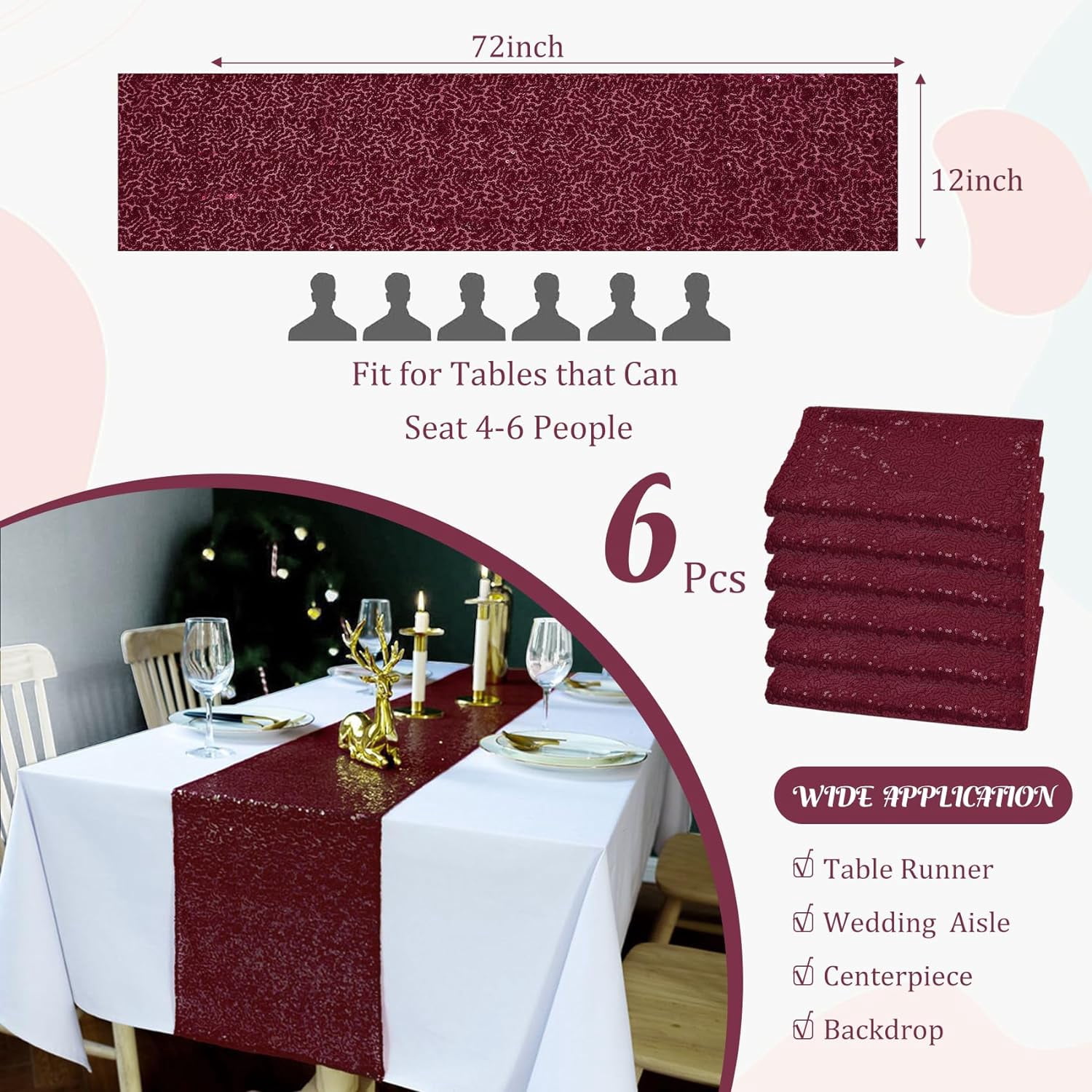 6 Pack Burgundy Sequin Table Runners 12" x 72" Sparkle Sequin Table Cloths for Wedding Party Banquet Bridal Shower Decorations