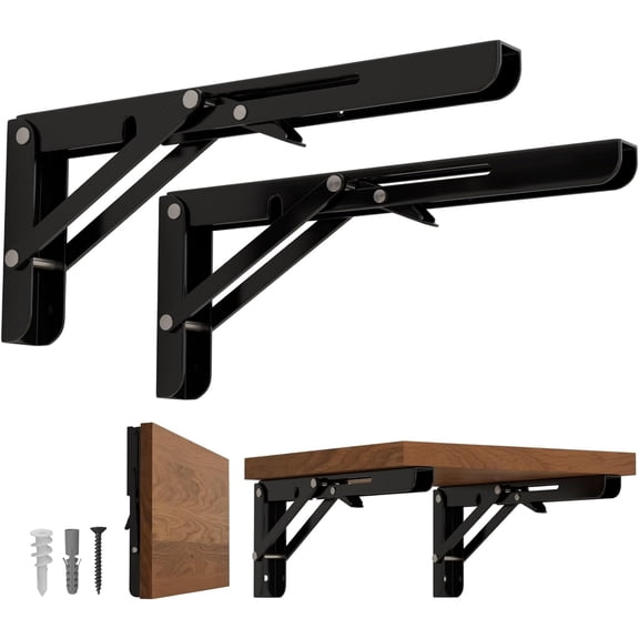 8 inch Folding Shelf Brackets-2 Pack Foldable Heavy Duty Triangle Collapsible Wall Mounted Brackets for Fold Down Table, Space Saving for Bench Table with Screws, Black