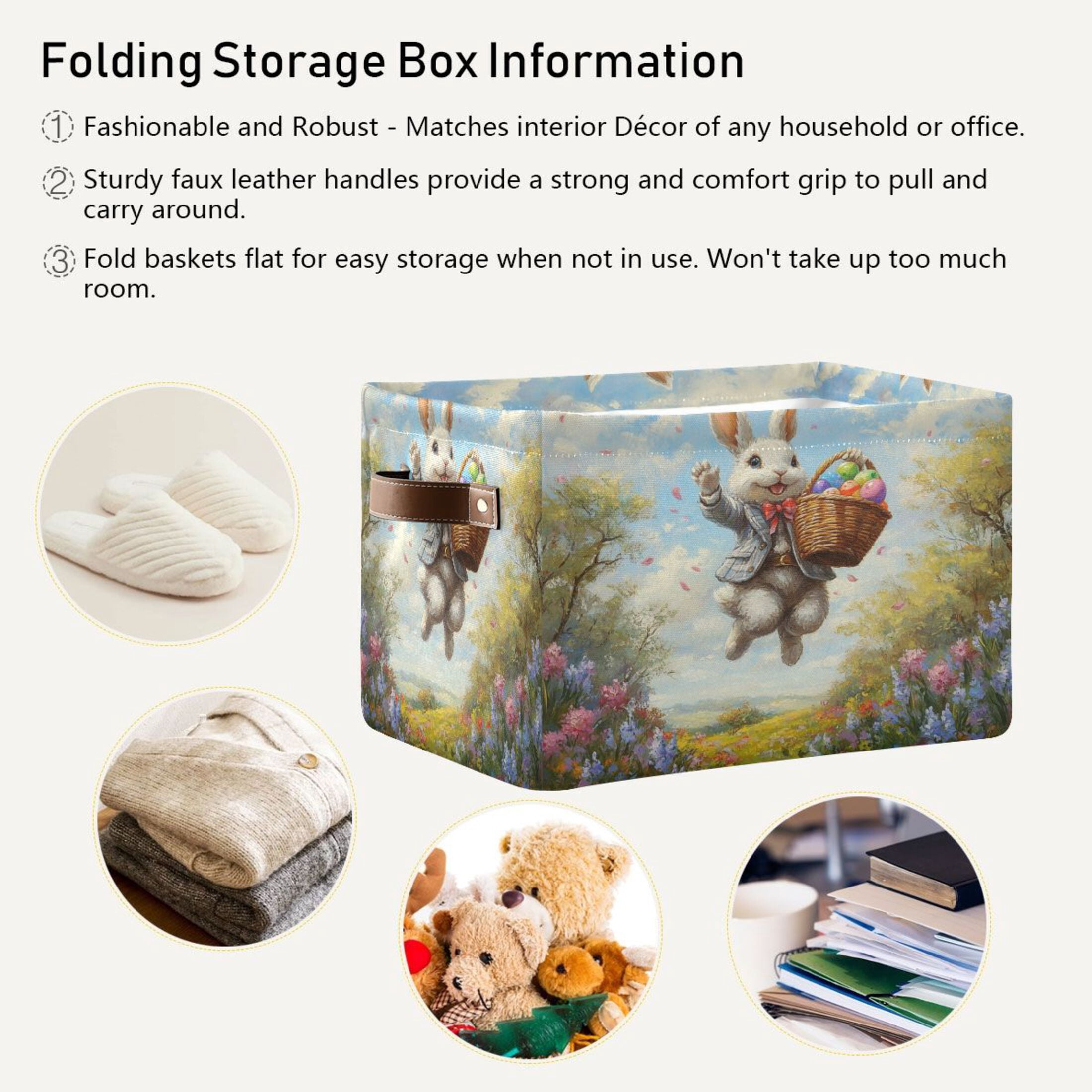 WOBOGO Cheerful Easter Bunny Square Storage Basket with Waterproof Canvas and PE Lining Durable PU Leather Handles 14.2×10.2×8.3in