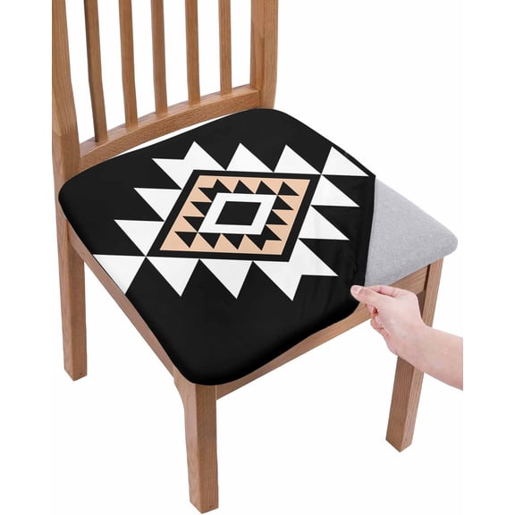 Black White Beige Boho Chair Seat Covers for Dining Room Stretch Chair Seat Covers Set of 2, Western Geometric Aesthetic Chair Seat Protector Cushion Slipcovers for Kitchen Restaurant Office