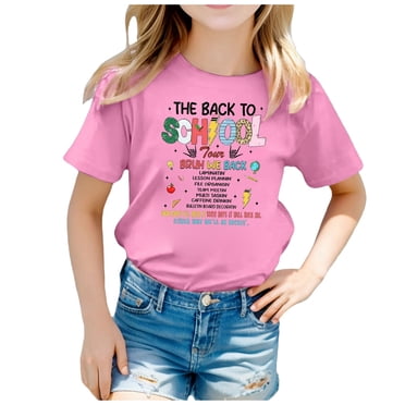 WEAIXIMIUNG Chemises pour Fillettes 4T Automne Enfants Rentrée Scolaire Imprimé Graphique Col Rond Manches Courtes T-Shirt Décontracté d'Été