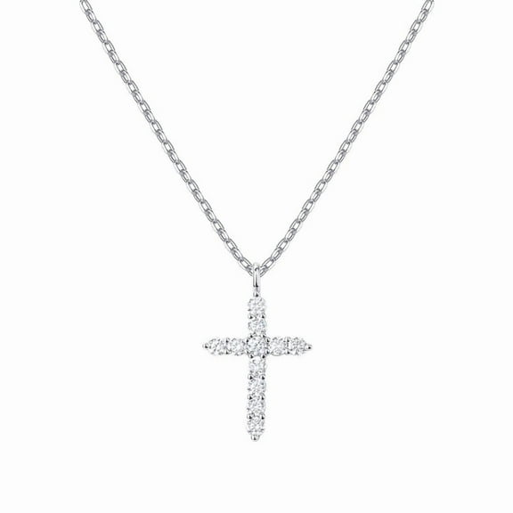 Bonjour Jewelers 18K White Gold Created Diamond Petite Cross Necklace Plated