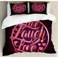 thumbnail image 1 of Live Laugh Love Duvet Cover Set Queen Size, Hearts and Bokeh Background with Positive Drive Boosting Quote, Decorative 3 Piece Bedding Set with 2 Pillow Shams, Salmon Dark Purple Red, by Ambesonne, 1 of 3