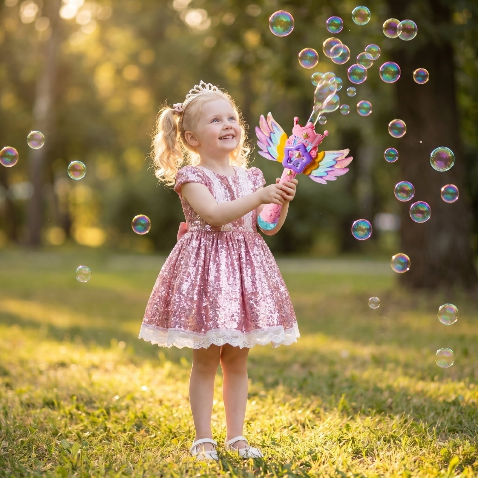 Magic Wings Bubble Wand with Music and Lights, Automatic Bubble Blower Machine, Battery Operated Fairy Princess Bubble Maker for Outdoor Summer Fun