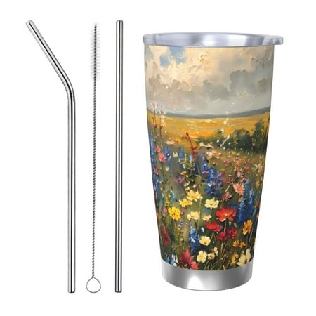 

Qekee Vibrant Wildflower Meadow Print 20OZ Car Cup Stainless Steel Vacuum Insulated Tumbler Tumbler Cup With Lid And Straw Travel Coffee Mug-Straw Three-piece Set