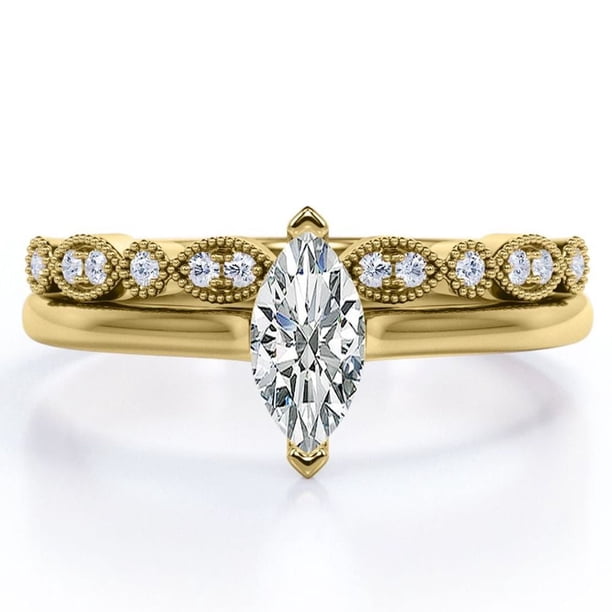 JeenMata Anillo Solitario de Talla Marquesa de 1,75 Quilates Conjunto de Boda Festoneado Estilo Art Déco: Baño de Oro Amarillo de 18 K sobre Plata (Personalice la Banda de Su Anillo de Bodas)