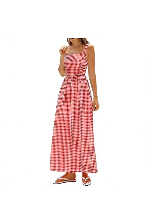 Womens Cotton Plaid Maxi Tank Dress, Summer Square Neck A-line Flowy Sundress Casual Long Boho Gingham Beach Dress Red XXL
