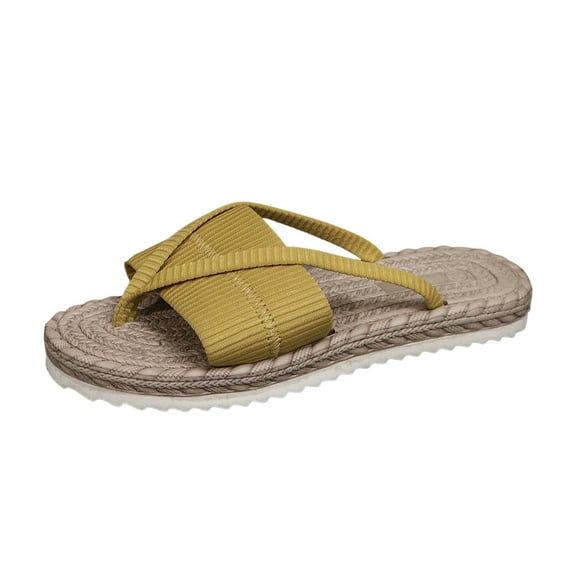 TANGQIOP Flat Flip Flops for Women with Toe Strap Straw Weave Plus Size Casual Braided Vintage Open Toe & Heel Slip On Yellow 43