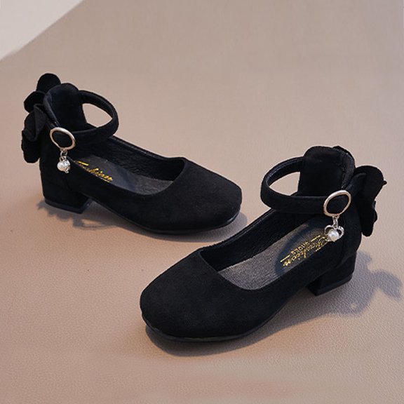 FSYBOA Girls Dress Shoes Size 2(Big Kids), Hook and Loop Strap Gifts Low Heel Closed Toe Kids Flat Shoes Black