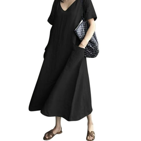 dresses baggy oversize pockets sundress linen neck sleeve cotton plus short summer dress