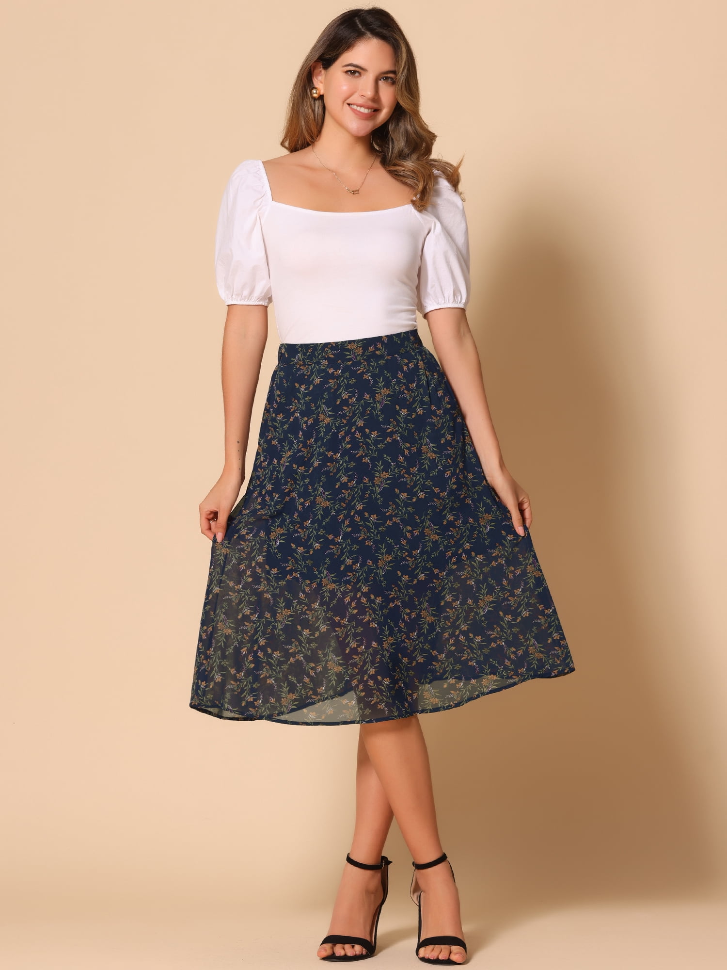 DARING DIVA Women's Floral Print A-Line Midi Skirt Skirts M Navy Blue