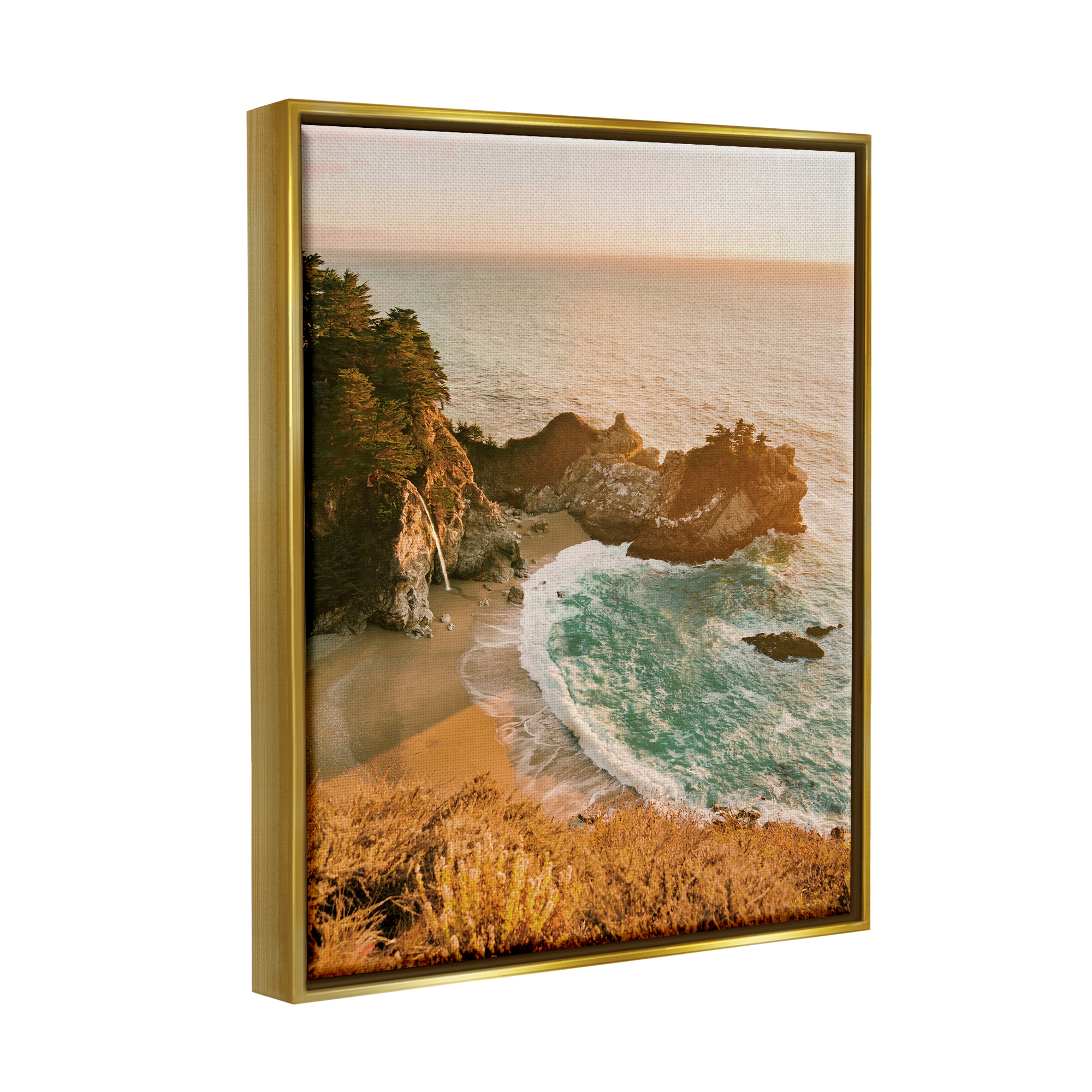 Stupell Industries Waves Crashing Rocky Cove Coastal Photography Gold Floater Framed Art Print Wall Art